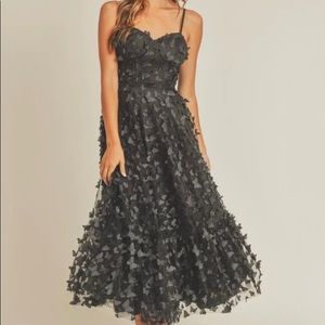 Black corset-back butterfly mesh overlay dress